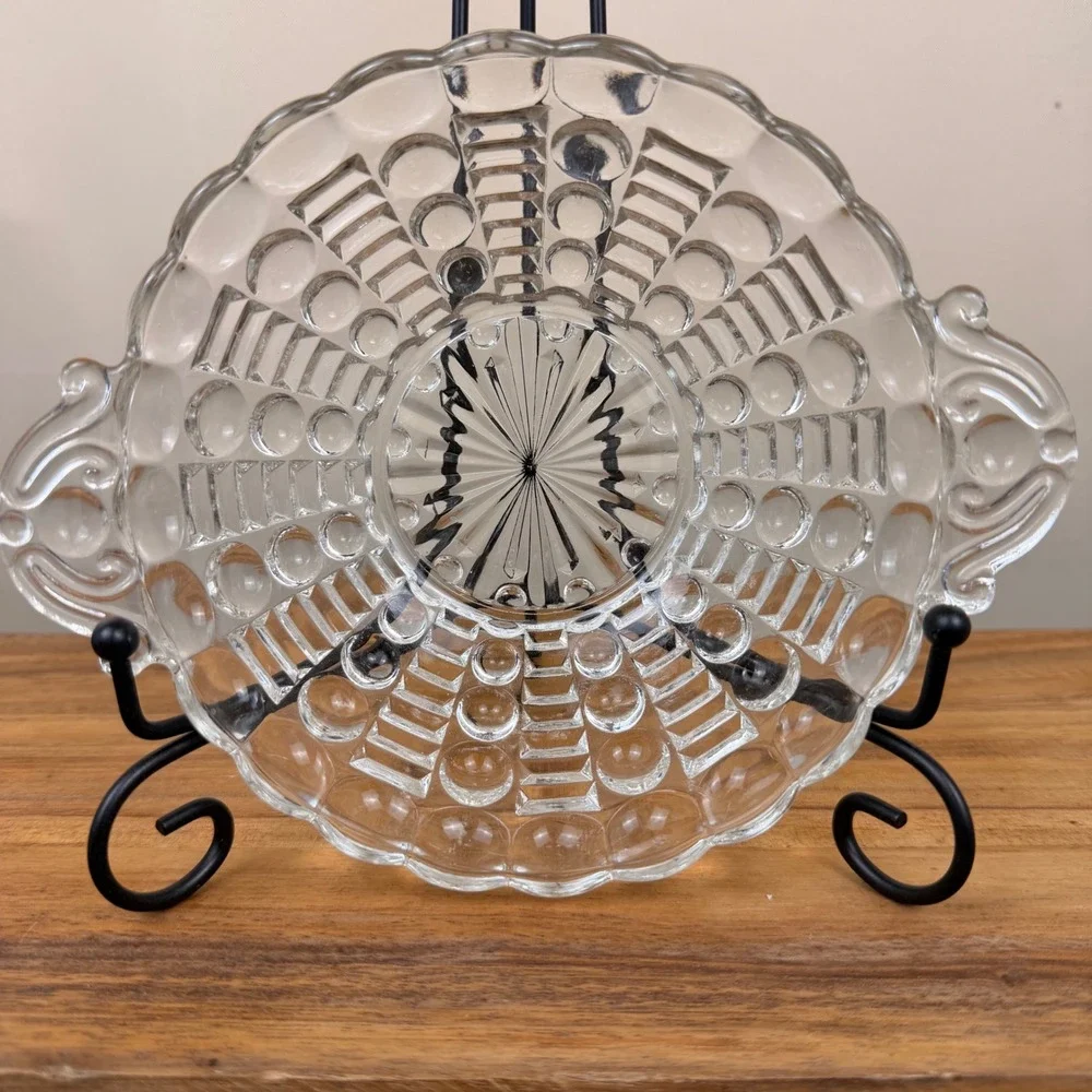Anchor Hocking Bubble Ladder Clear Glass Serving Bowl Scrolled Handles Vintage